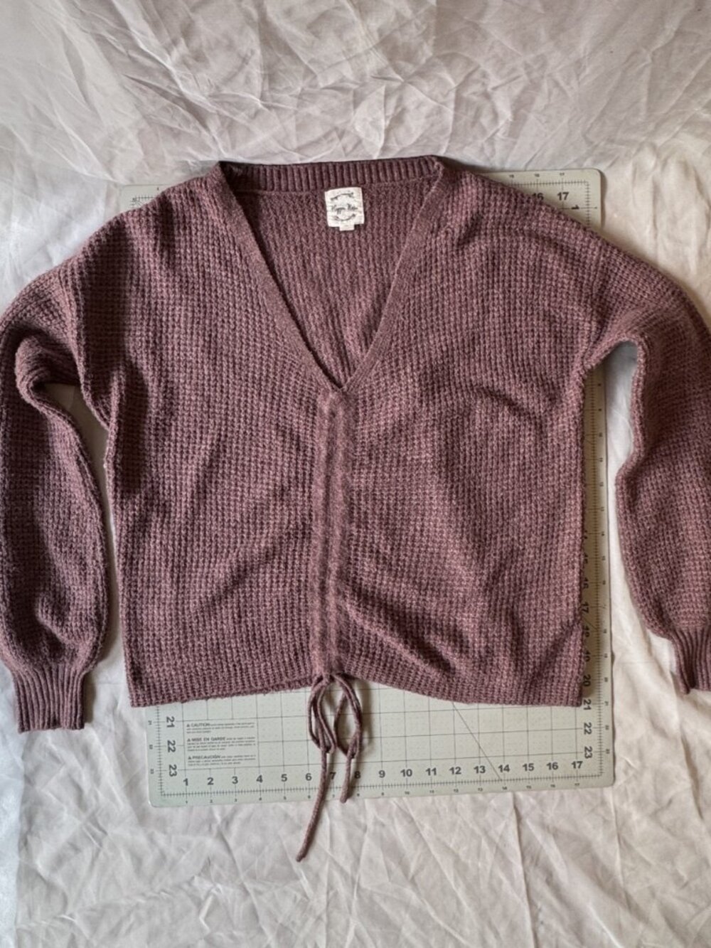 Hippie Rose Mauve Ruched Drawstring V-Neck Waffle Knit Sweater Size S